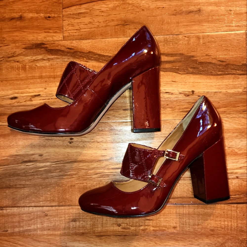 Calvin Klein high heel mary janes burgundy patent leather